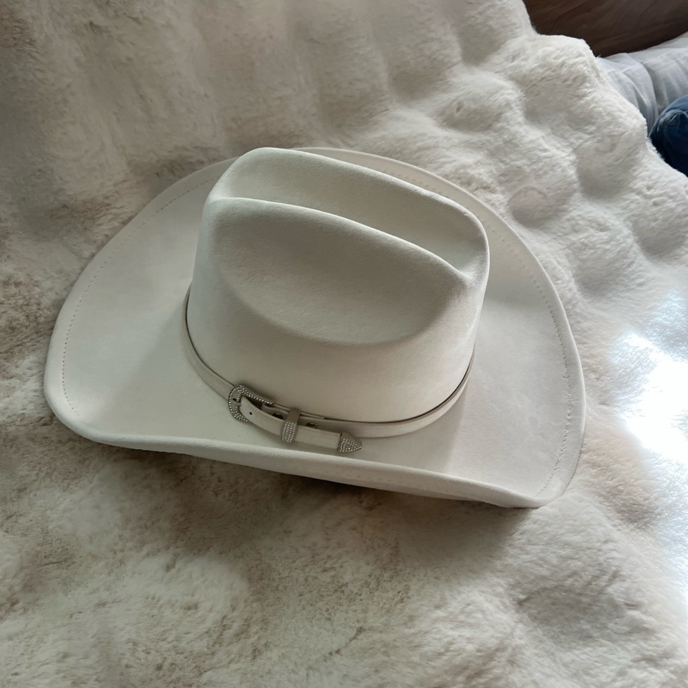 White Suede Cowboy Hat with Buckle Detail